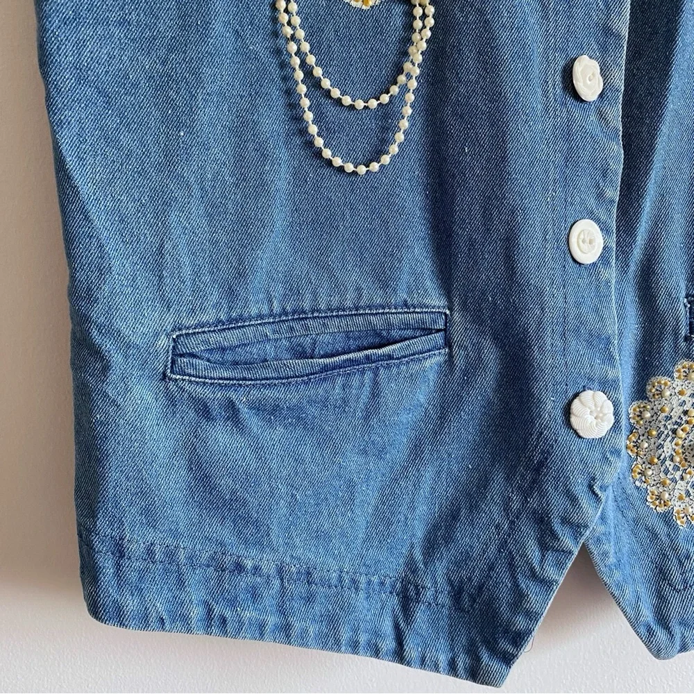 Vintage Cottagecore Lacy Floral Denim Vest - Picture 6 of 13